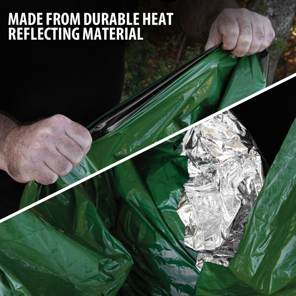 Full image of the durable heat reflecting material of the Emergency Sleeping Bag. image number 2